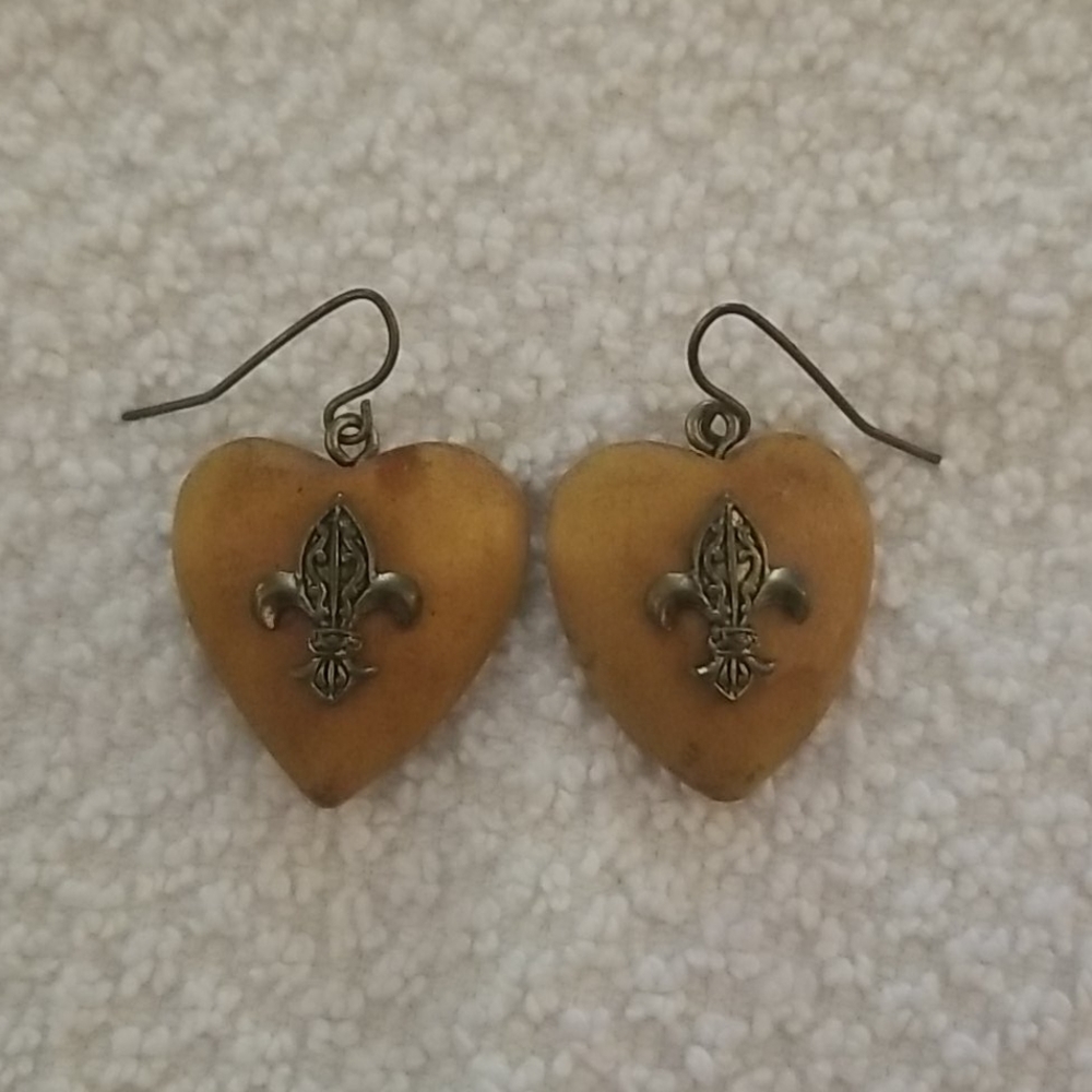 Wooden Heart Fleur de Lis Earrings